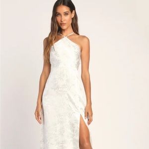 White satin leaf print halter dress NEW